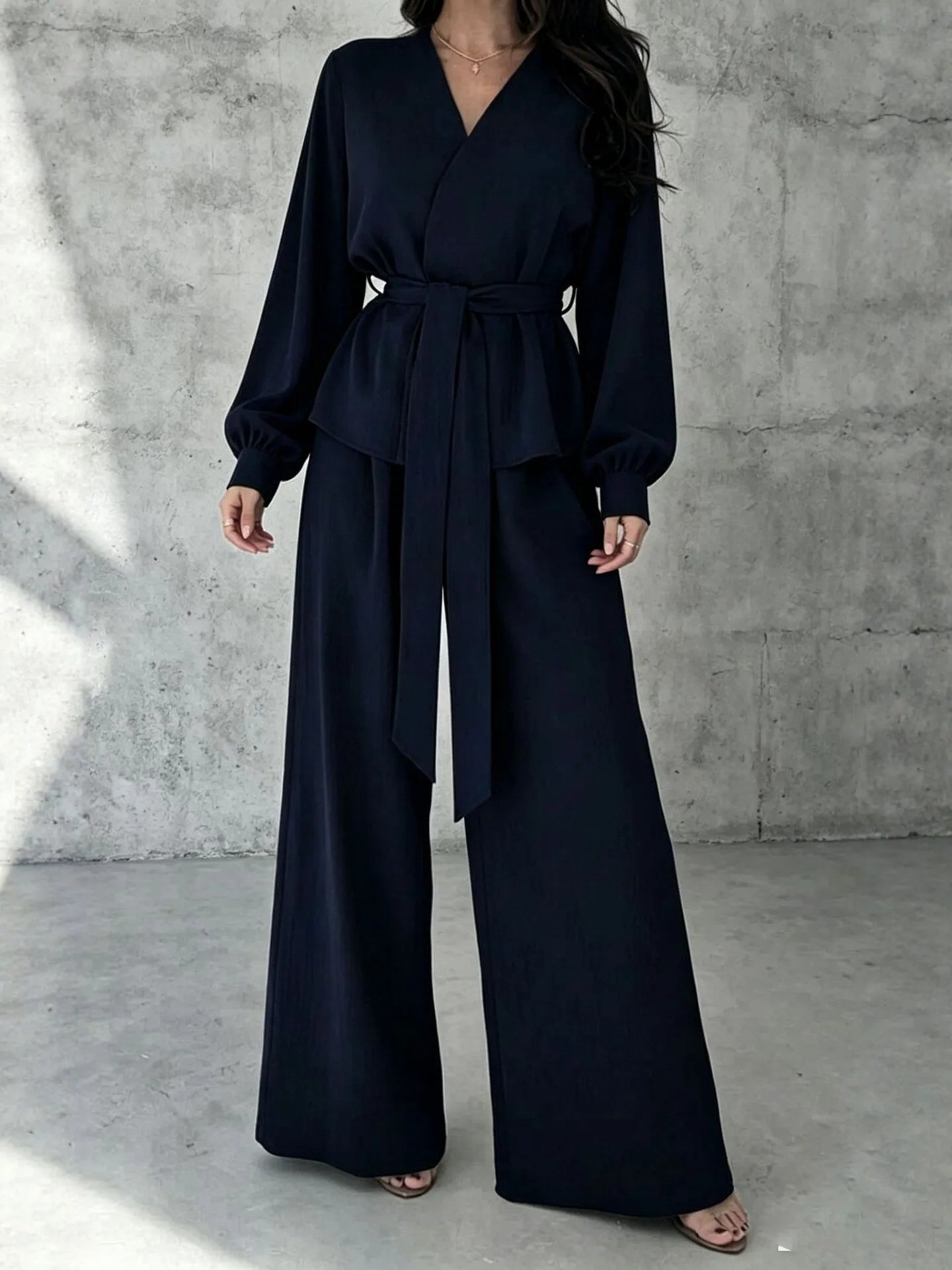 Solid V-Neck Long Sleeve Wide Leg Pants Casual Set | Zephyr Collection