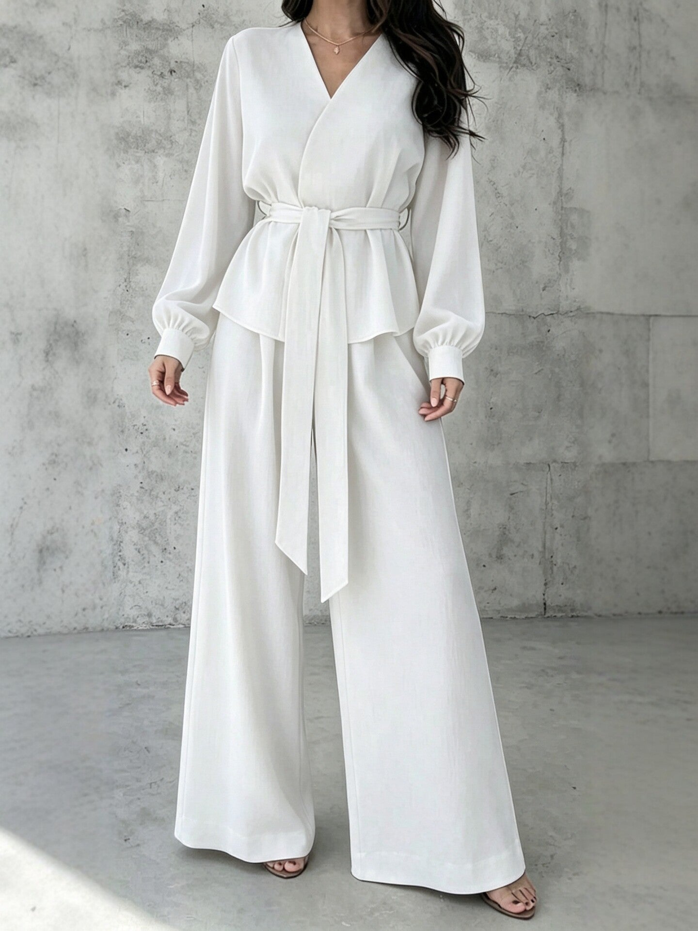 Solid V-Neck Long Sleeve Wide Leg Pants Casual Set | Zephyr Collection