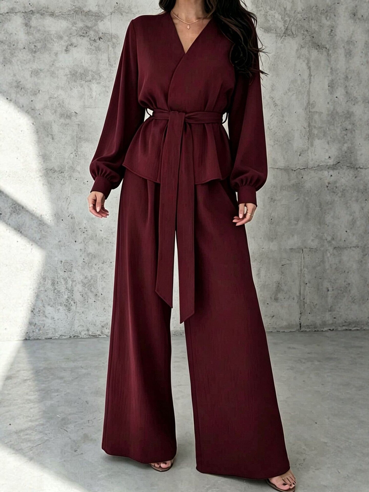Solid V-Neck Long Sleeve Wide Leg Pants Casual Set | Zephyr Collection