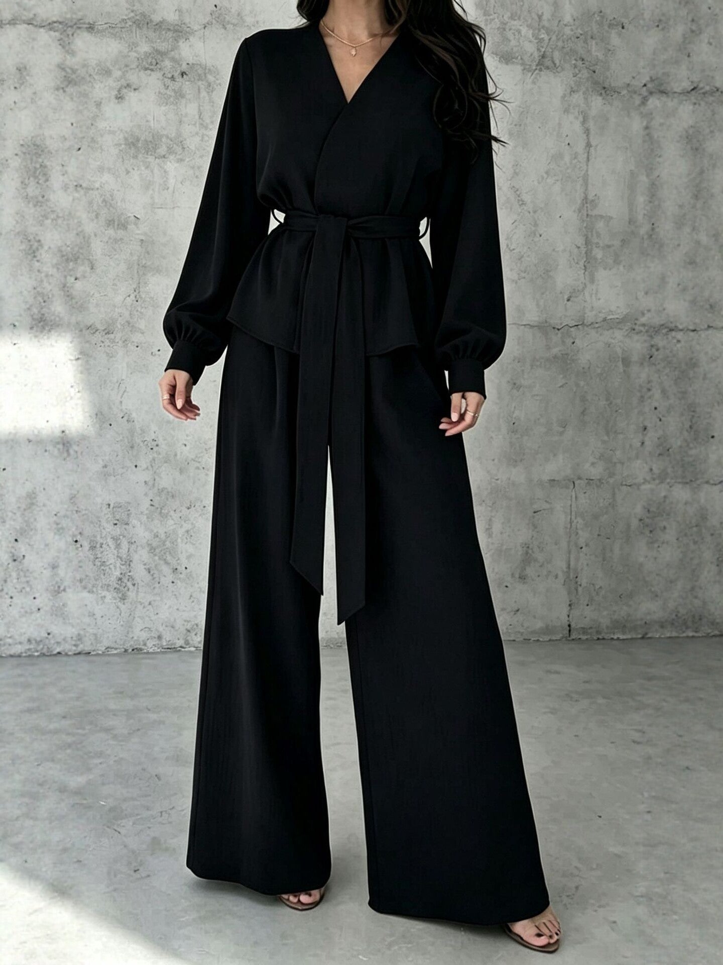 Solid V-Neck Long Sleeve Wide Leg Pants Casual Set | Zephyr Collection