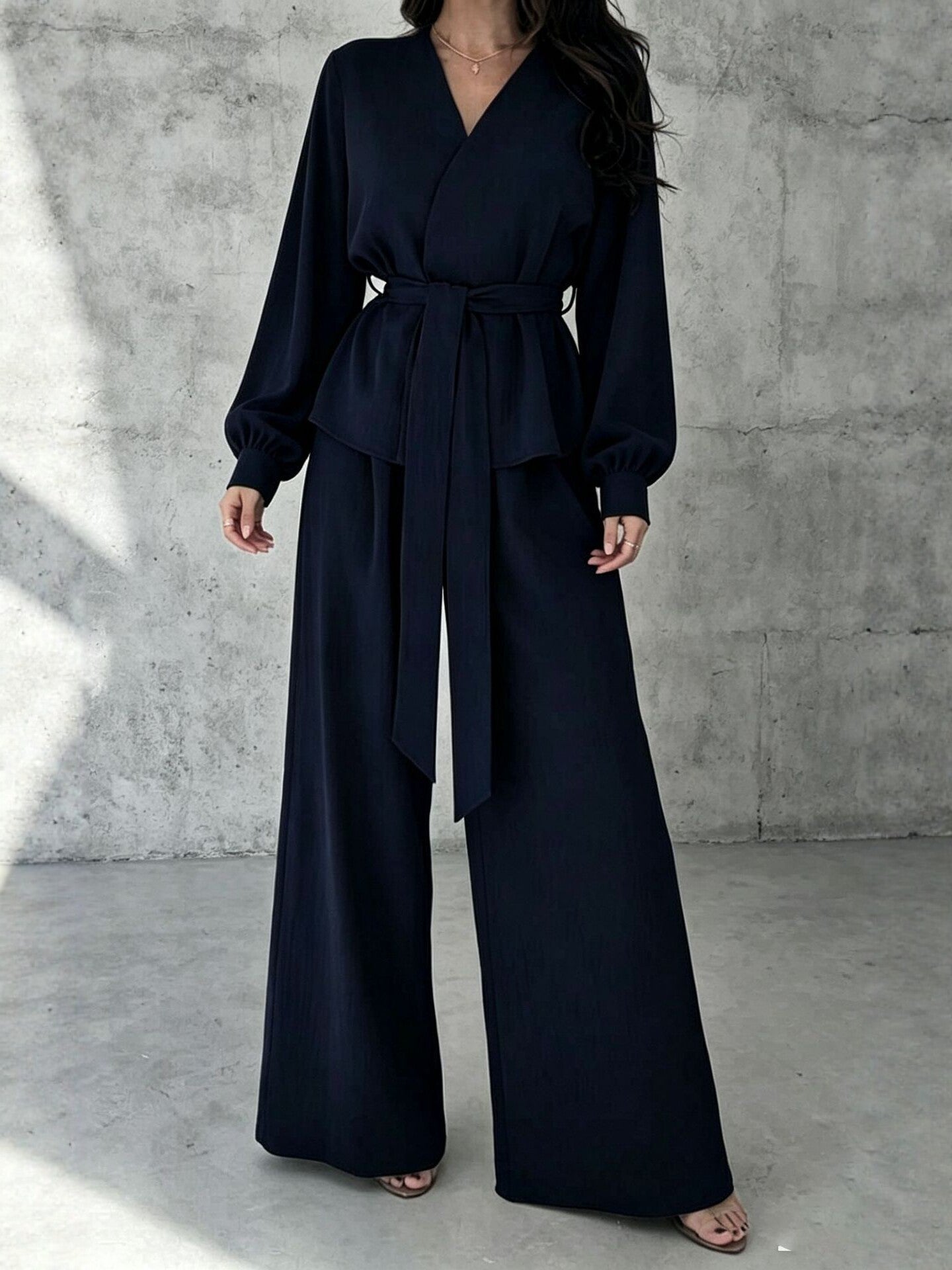 Solid V-Neck Long Sleeve Wide Leg Pants Casual Set | Zephyr Collection