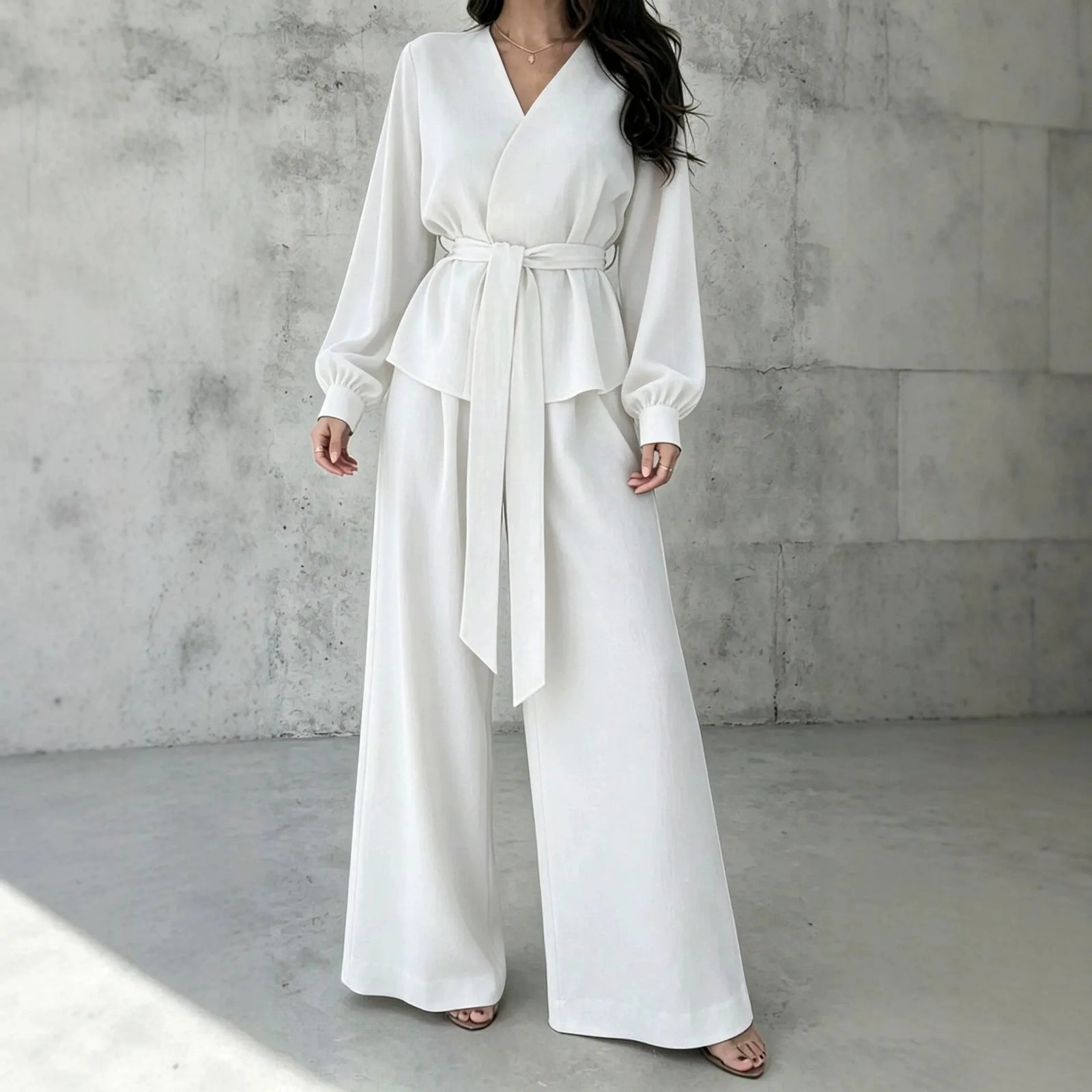 Solid V-Neck Long Sleeve Wide Leg Pants Casual Set | Zephyr Collection