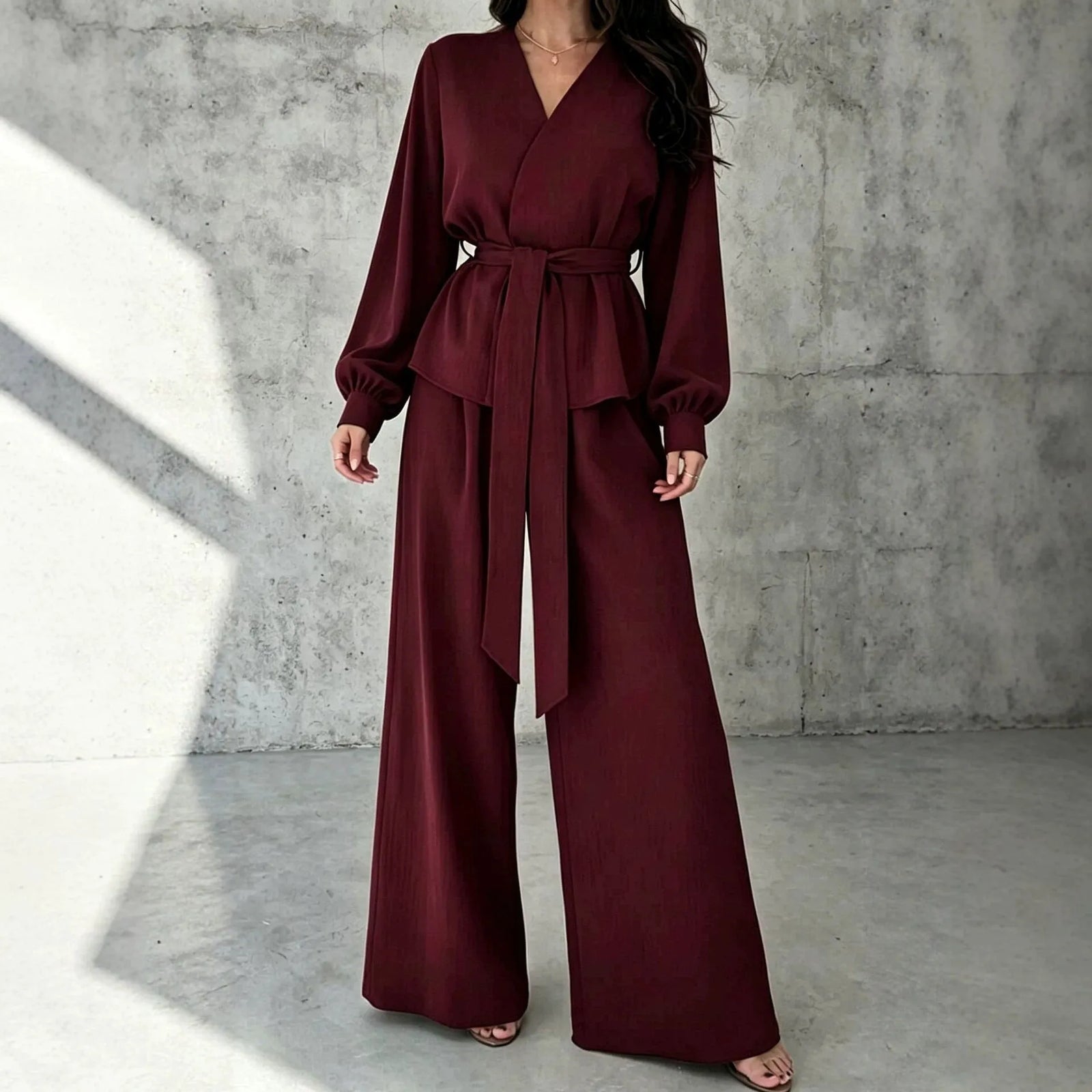 Solid V-Neck Long Sleeve Wide Leg Pants Casual Set | Zephyr Collection