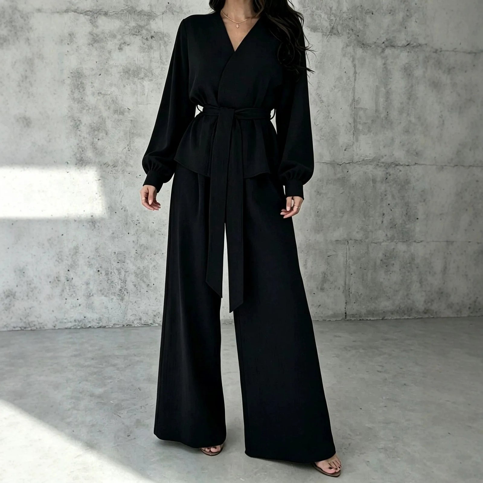 Solid V-Neck Long Sleeve Wide Leg Pants Casual Set | Zephyr Collection
