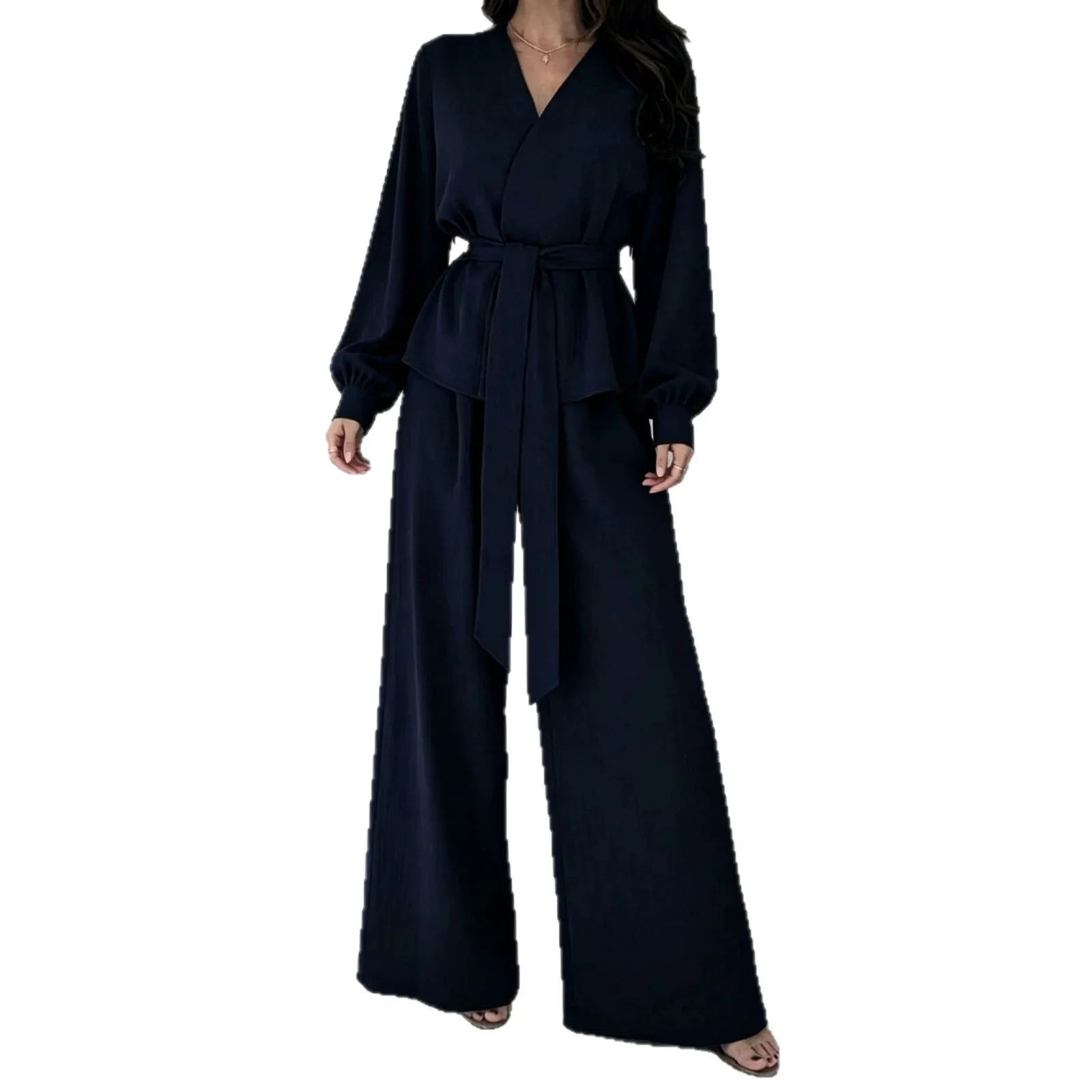 Solid V-Neck Long Sleeve Wide Leg Pants Casual Set | Zephyr Collection