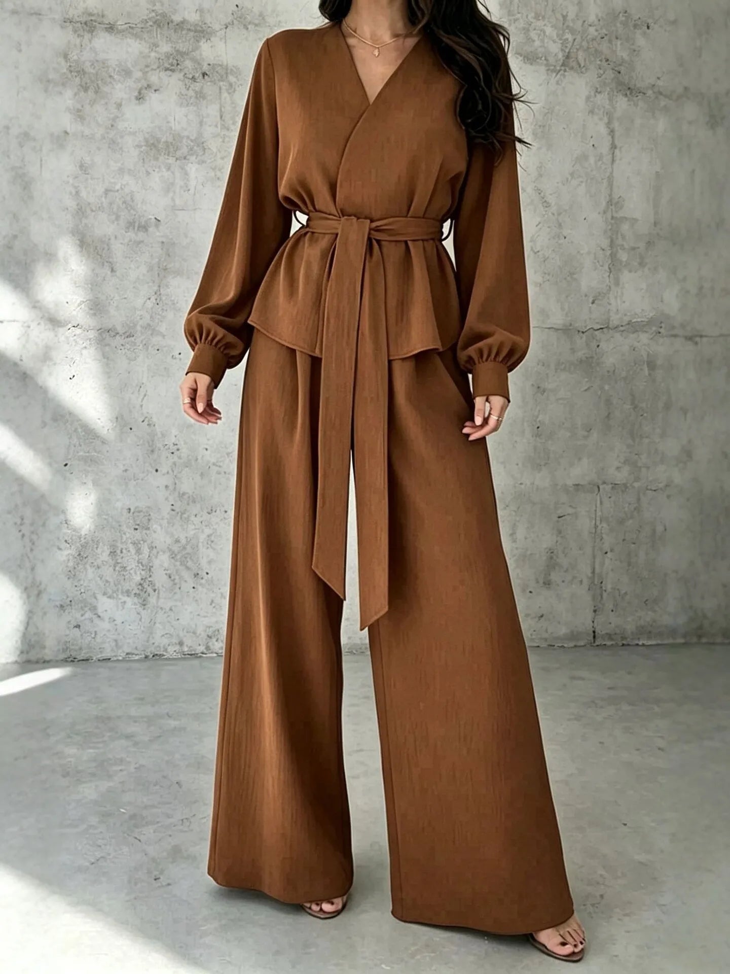Solid V-Neck Long Sleeve Wide Leg Pants Casual Set | Zephyr Collection