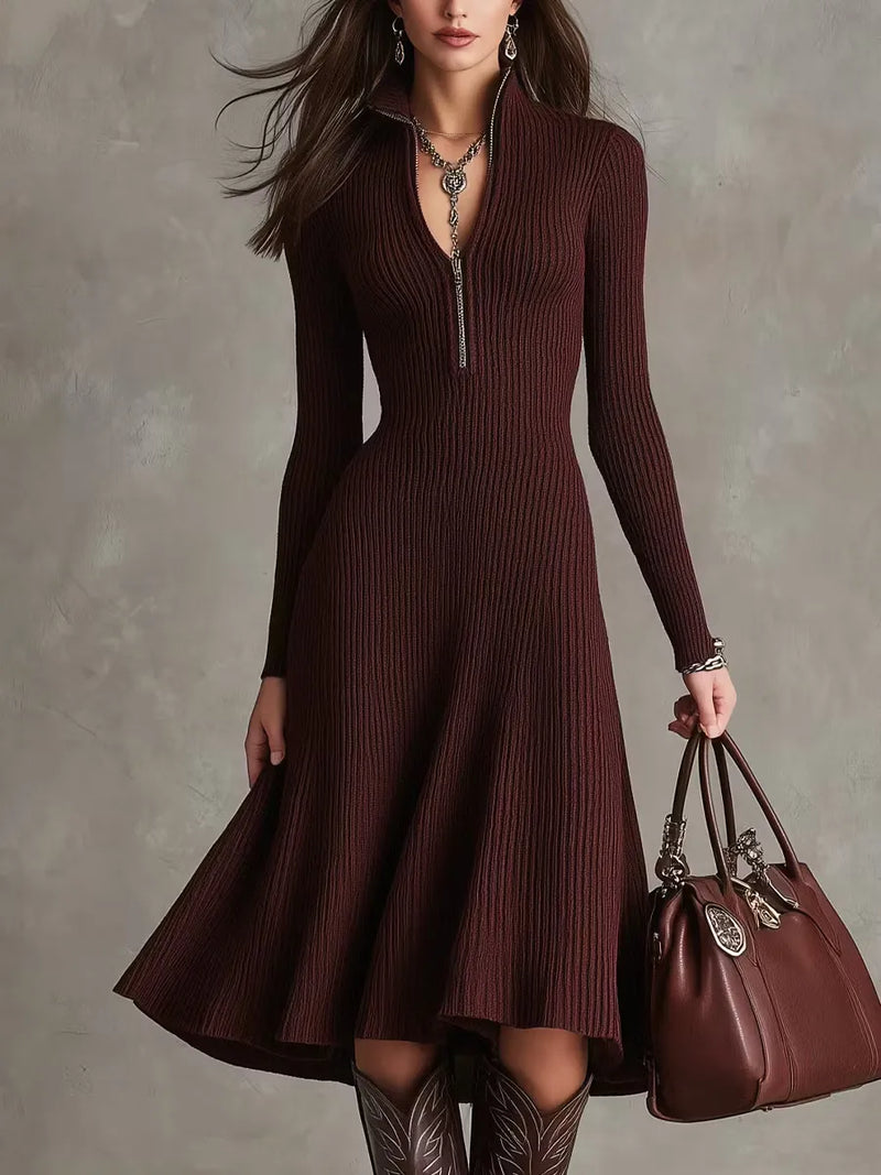 Stand Collar Long Sleeve A-Line Midi Dress Cocktail | Celestia Collection