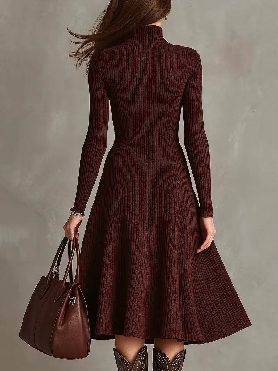 Stand Collar Long Sleeve A-Line Midi Dress Cocktail | Celestia Collection