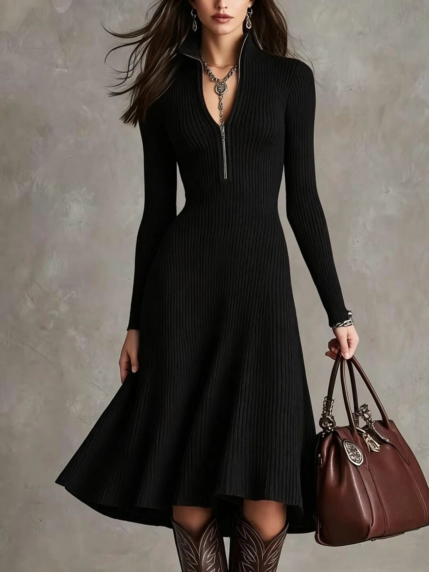 Stand Collar Long Sleeve A-Line Midi Dress Cocktail | Celestia Collection