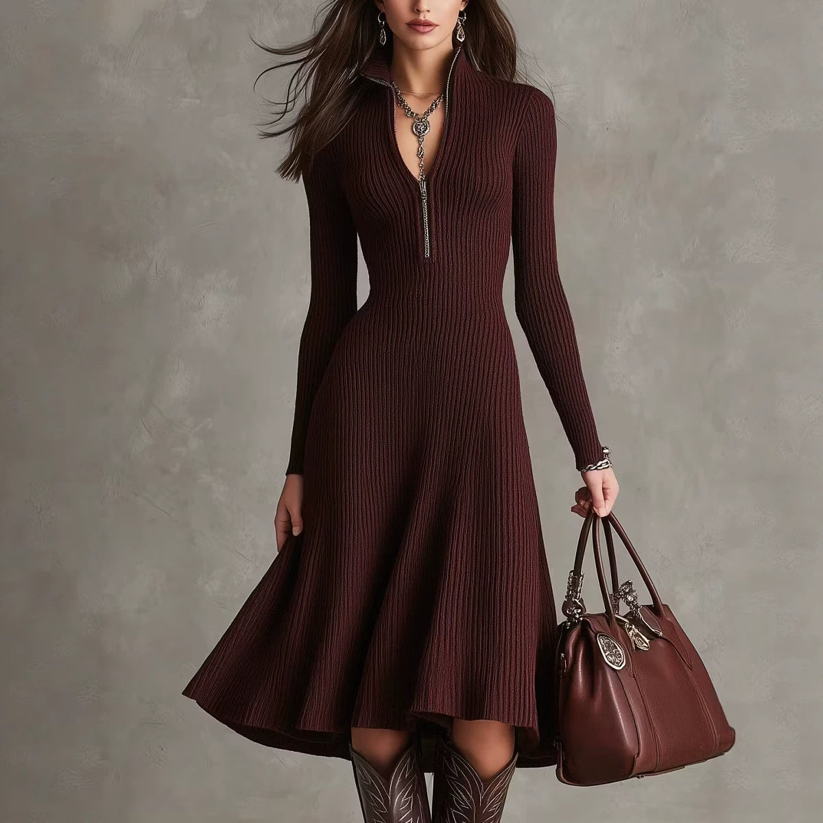 Stand Collar Long Sleeve A-Line Midi Dress Cocktail | Celestia Collection
