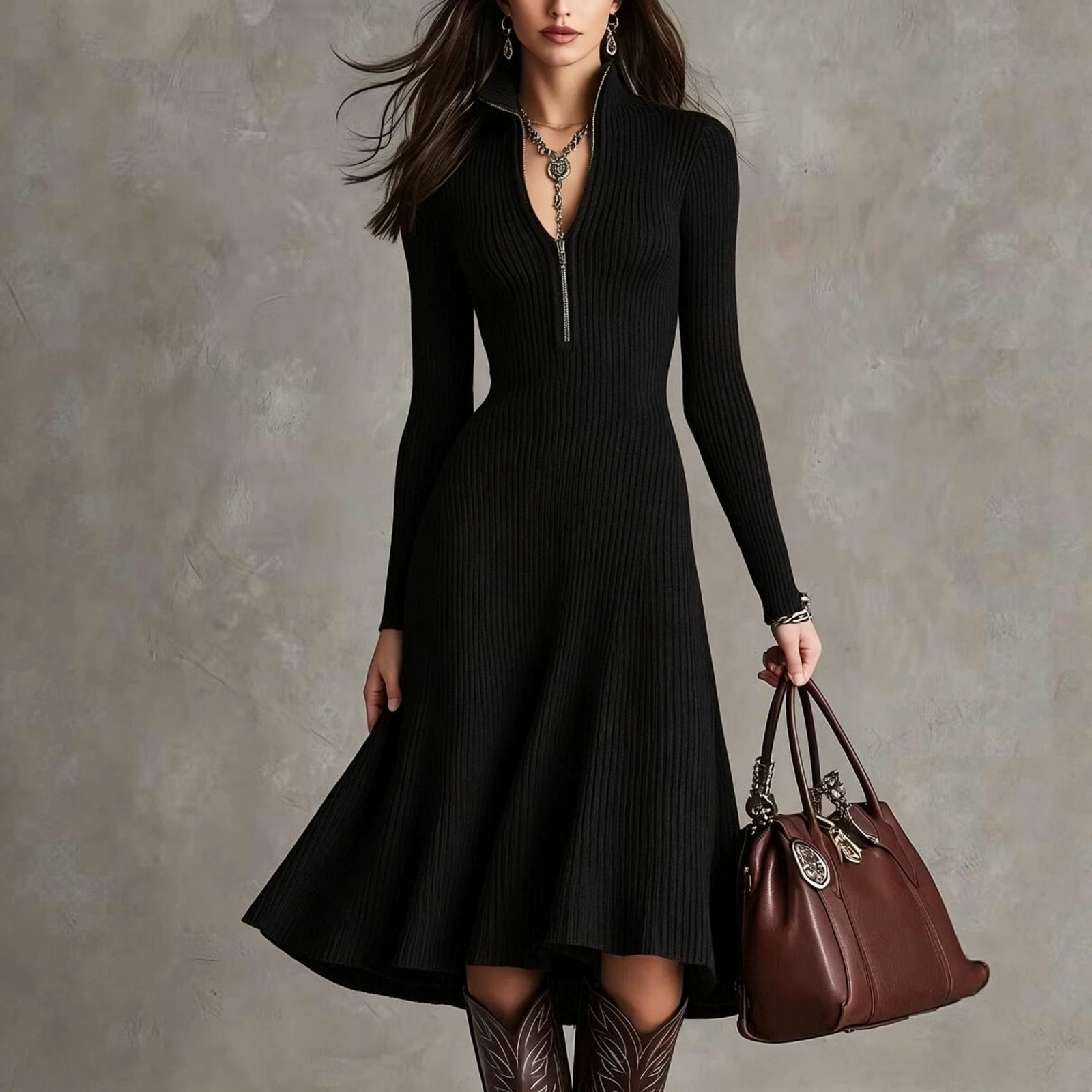 Stand Collar Long Sleeve A-Line Midi Dress Cocktail | Celestia Collection