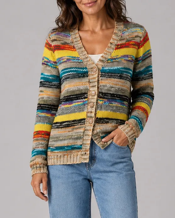 Striped V-Neck Button Front Knit Cardigan with Pockets