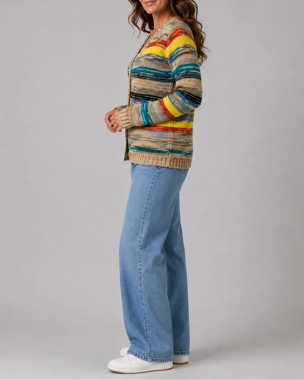 Striped V-Neck Button Front Knit Cardigan with Pockets