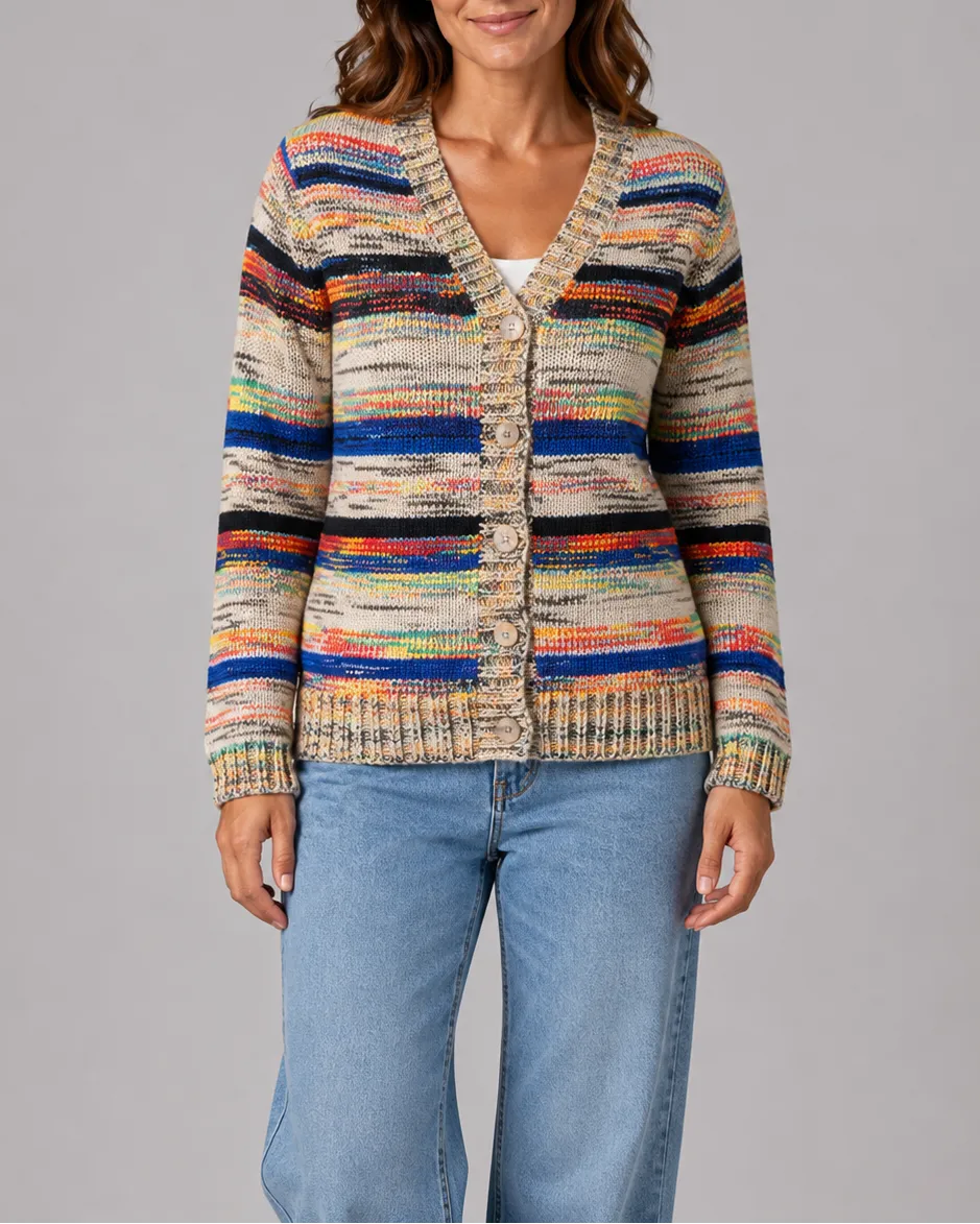 Striped V-Neck Button Front Knit Cardigan with Pockets