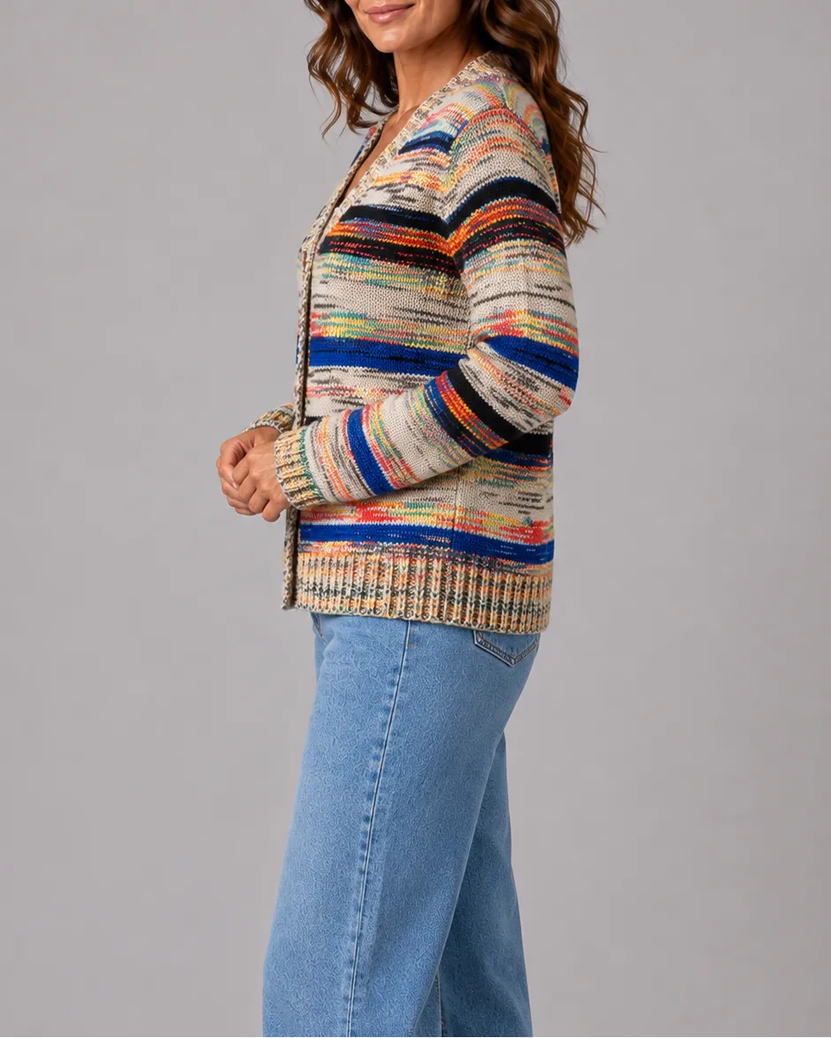 Striped V-Neck Button Front Knit Cardigan with Pockets