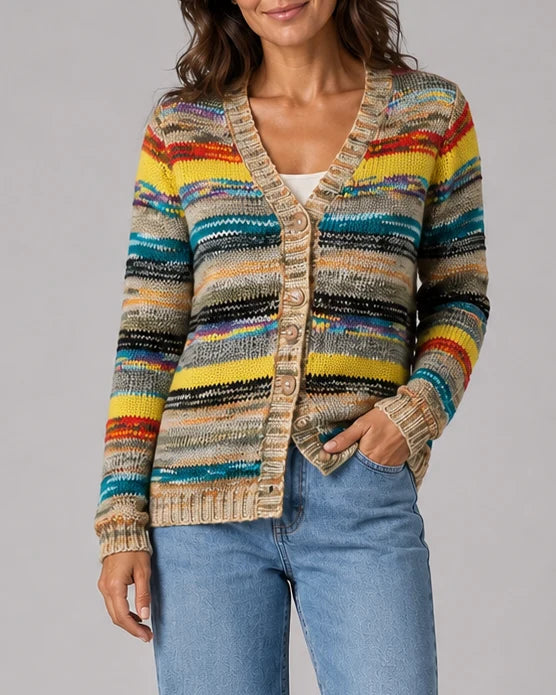 Striped V-Neck Button Front Knit Cardigan with Pockets