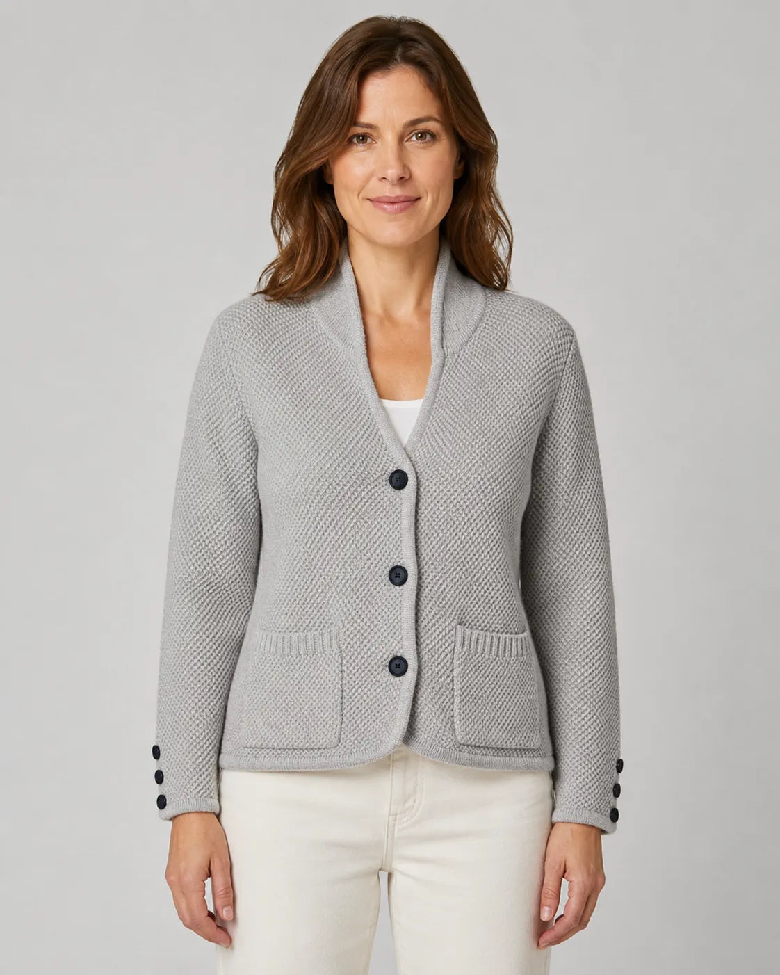Textured Collared Knit Cardigan with Button Front and Pockets