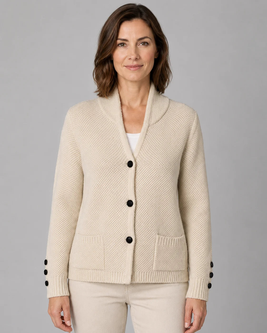 Textured Collared Knit Cardigan with Button Front and Pockets