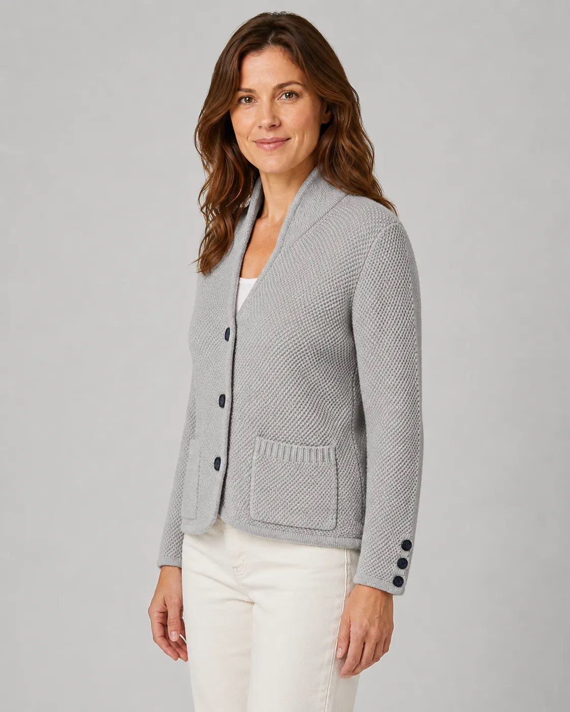 Textured Collared Knit Cardigan with Button Front and Pockets
