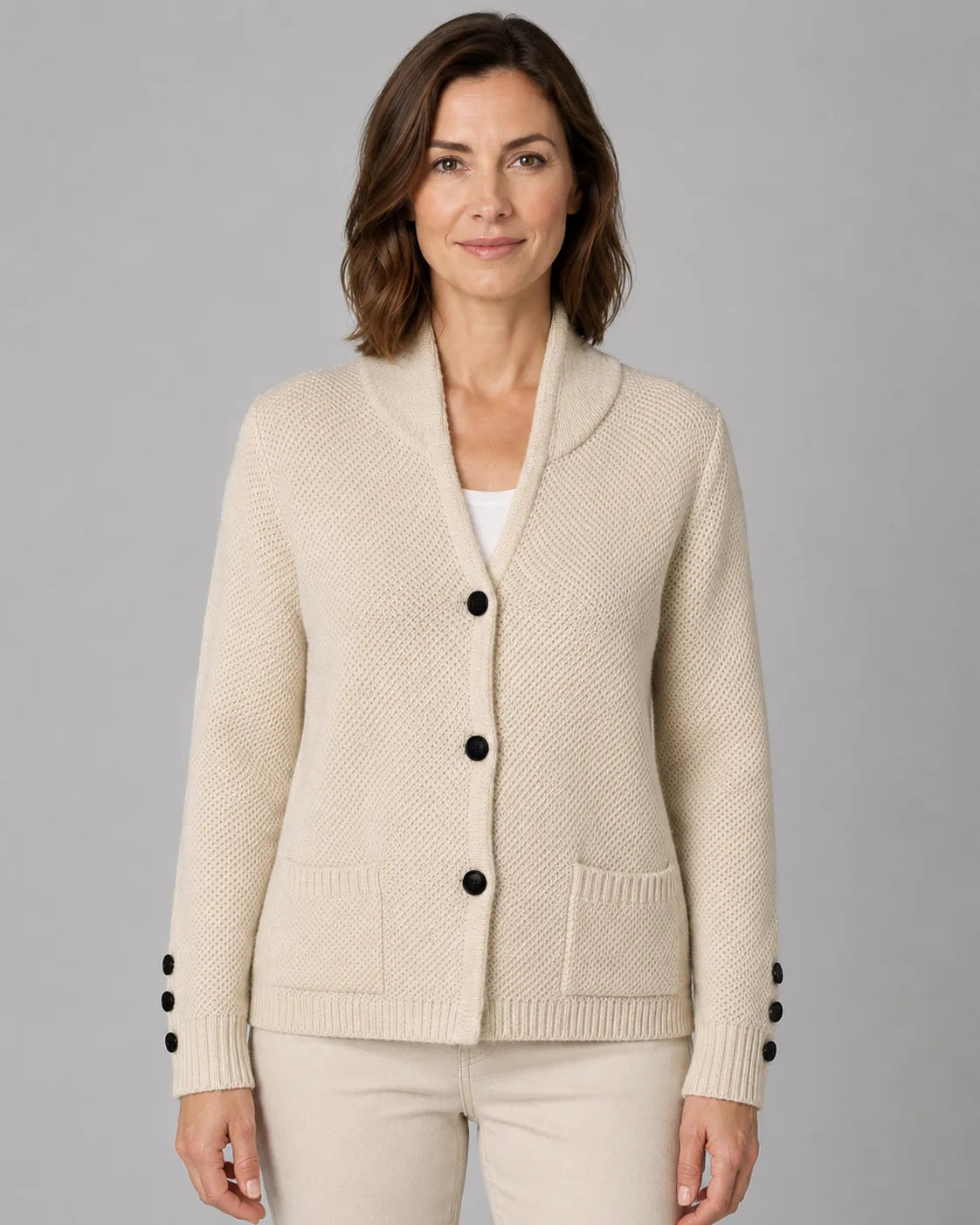 Textured Collared Knit Cardigan with Button Front and Pockets