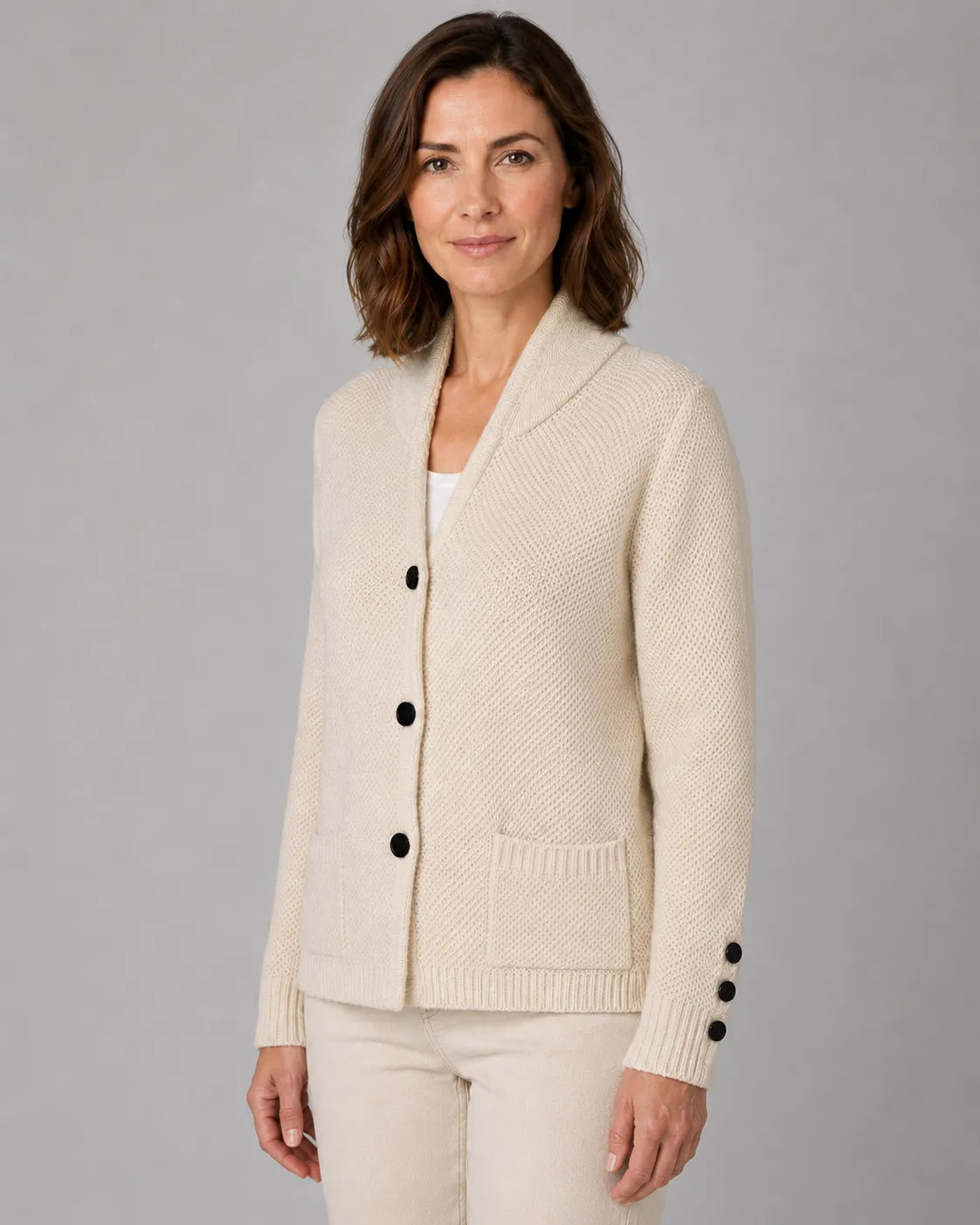 Textured Collared Knit Cardigan with Button Front and Pockets