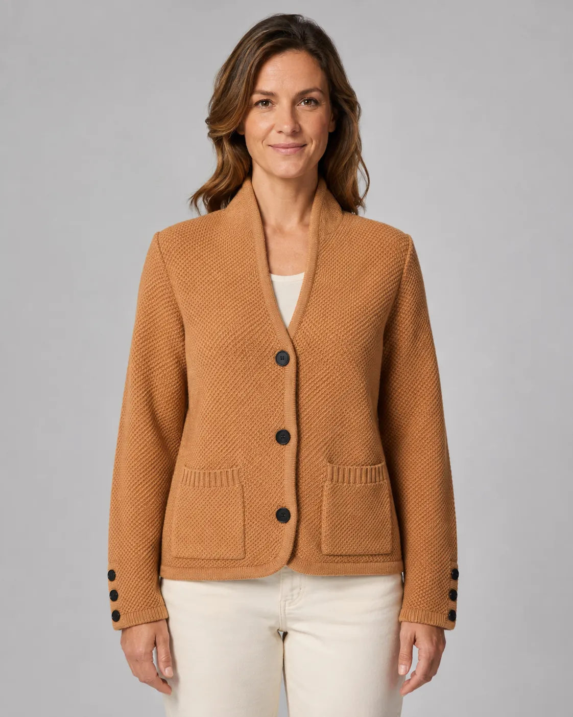Textured Collared Knit Cardigan with Button Front and Pockets