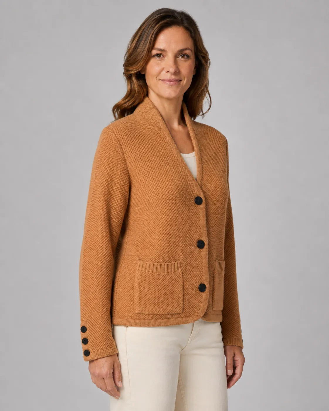 Textured Collared Knit Cardigan with Button Front and Pockets