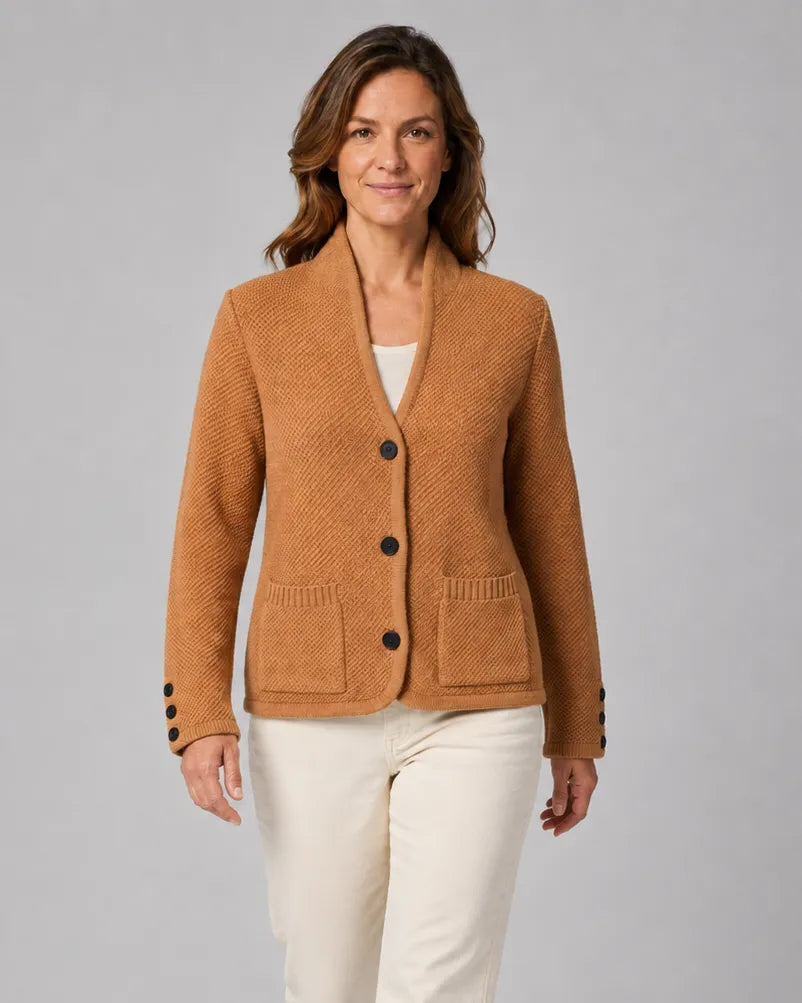 Textured Collared Knit Cardigan with Button Front and Pockets