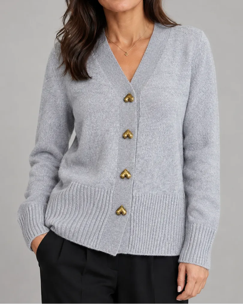 V-Neck Heart Button Front Knit Cardigan