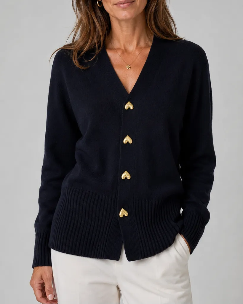 V-Neck Heart Button Front Knit Cardigan