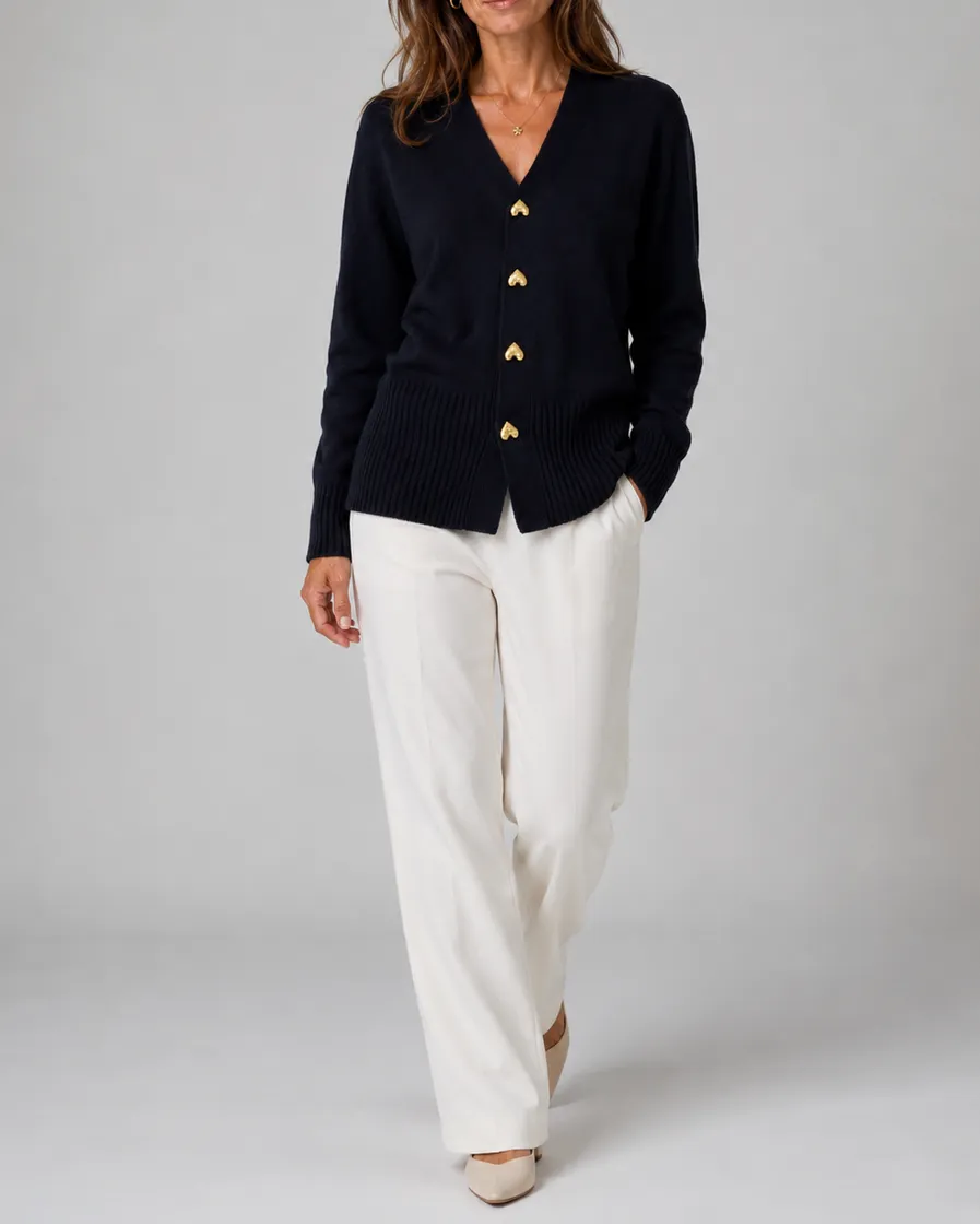 V-Neck Heart Button Front Knit Cardigan