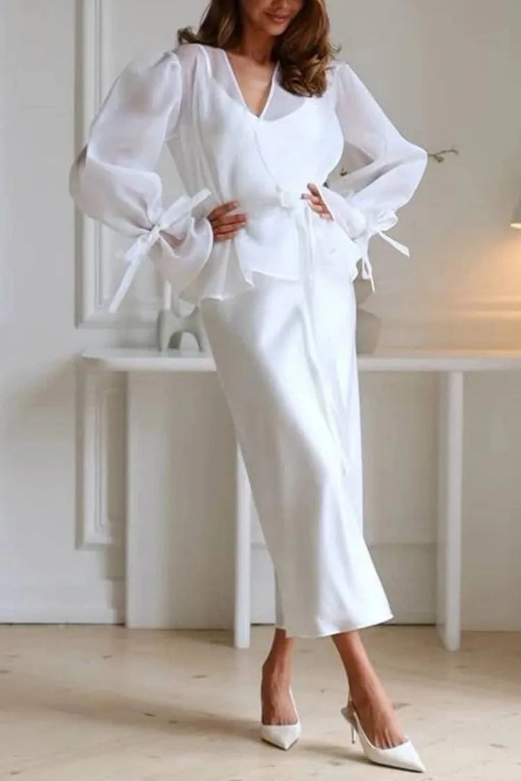 V-Neck Lotus Sleeve Long Skirt Set Casual | Solstice Collection