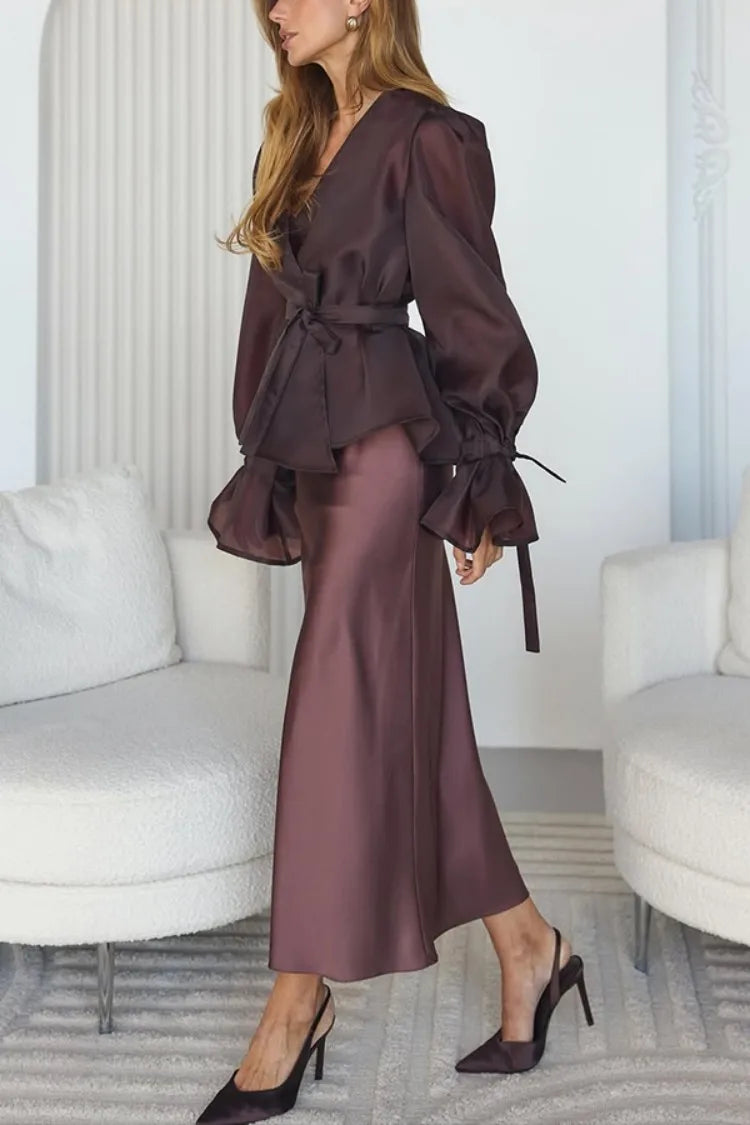 V-Neck Lotus Sleeve Long Skirt Set Casual | Solstice Collection