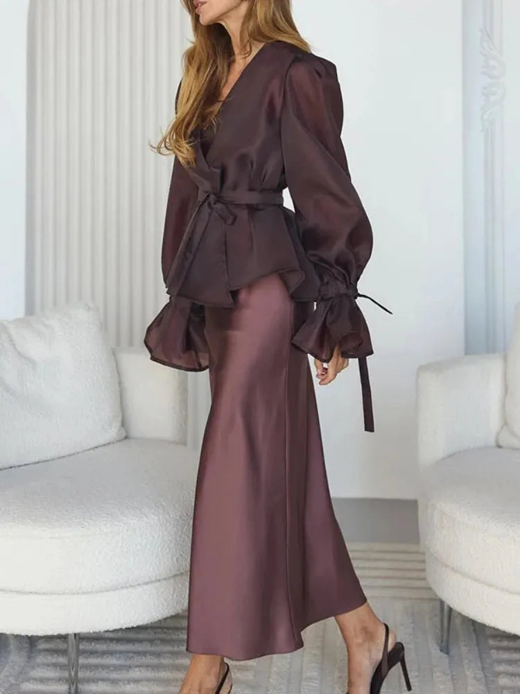 V-Neck Lotus Sleeve Long Skirt Set Casual | Solstice Collection