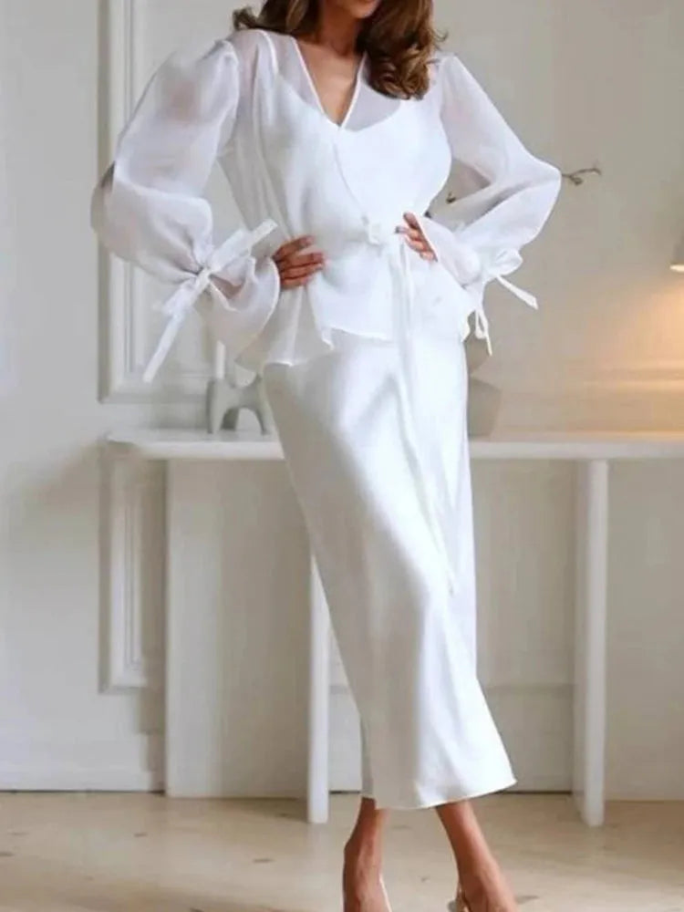 V-Neck Lotus Sleeve Long Skirt Set Casual | Solstice Collection