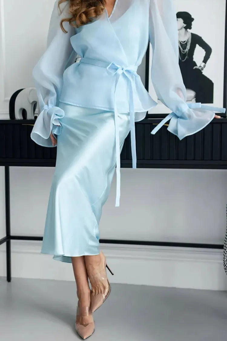 V-Neck Lotus Sleeve Long Skirt Set Casual | Solstice Collection