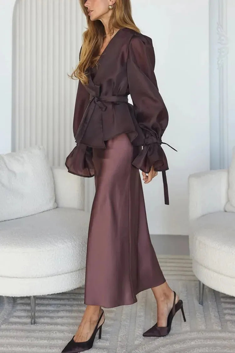 V-Neck Lotus Sleeve Long Skirt Set Casual | Solstice Collection