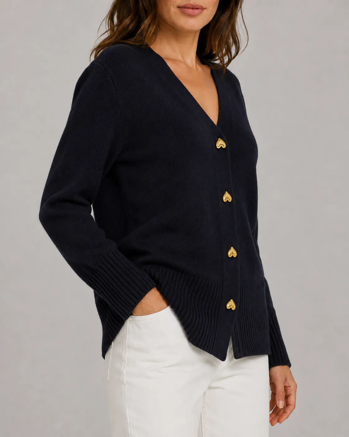 V-Neck Relaxed Knit Cardigan with Heart Buttons