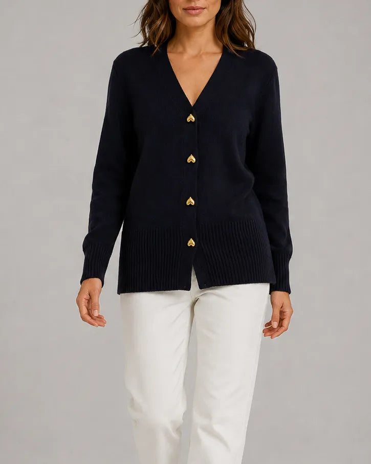 V-Neck Relaxed Knit Cardigan with Heart Buttons