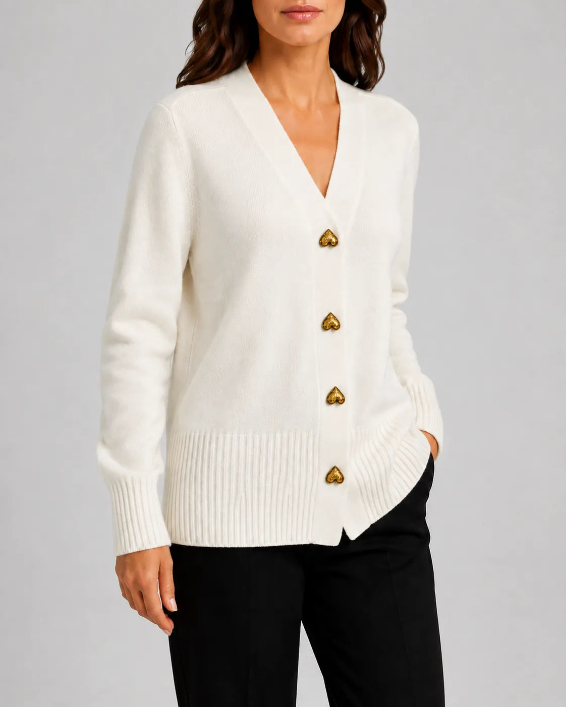 V-Neck Relaxed Knit Cardigan with Heart Buttons