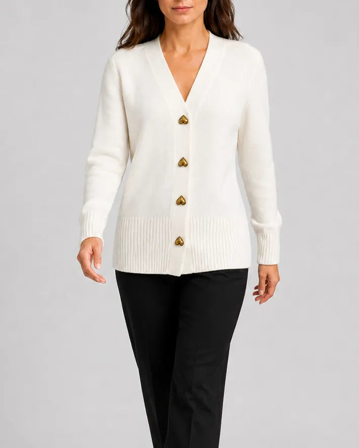 V-Neck Relaxed Knit Cardigan with Heart Buttons