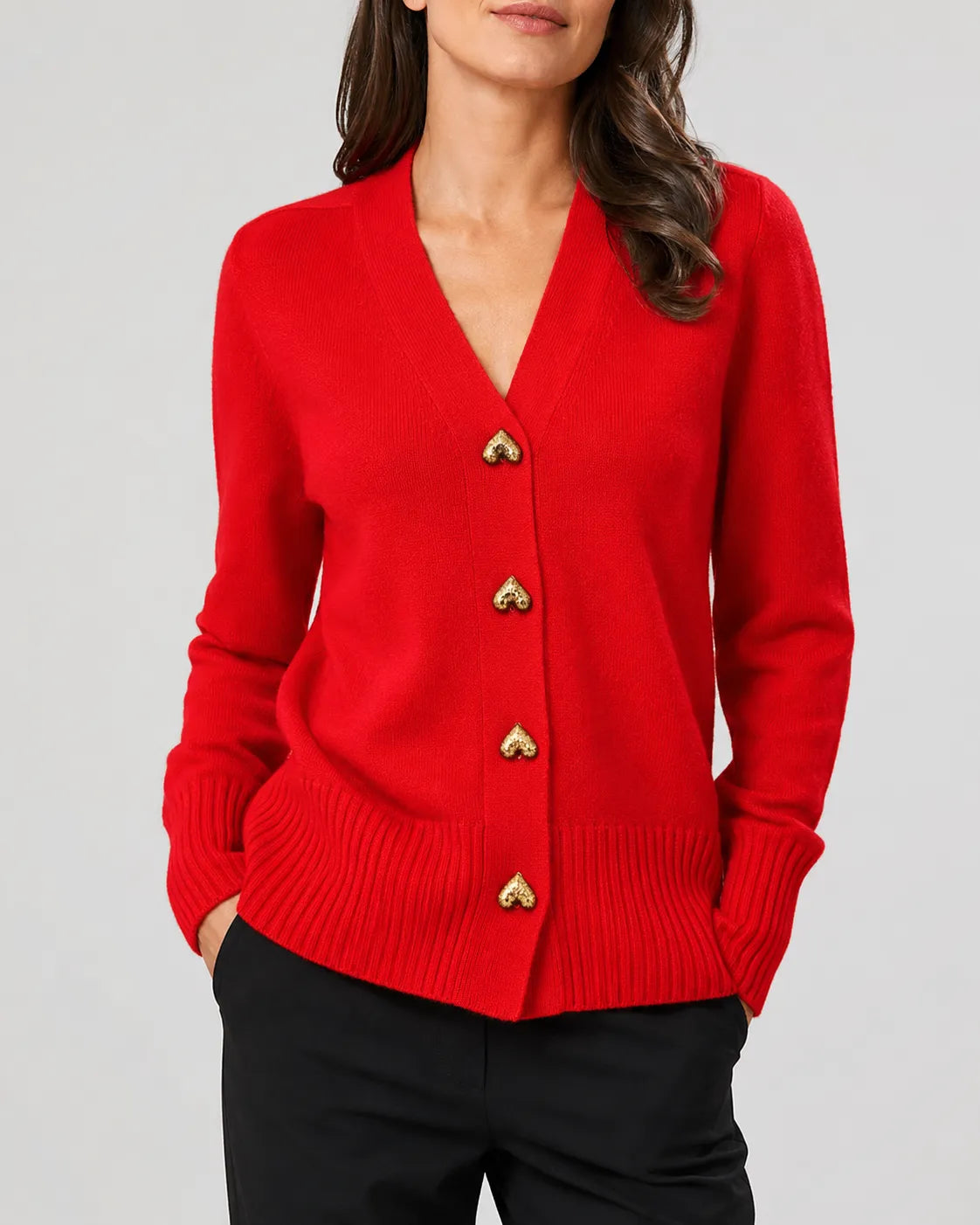 V-Neck Relaxed Knit Cardigan with Heart Buttons