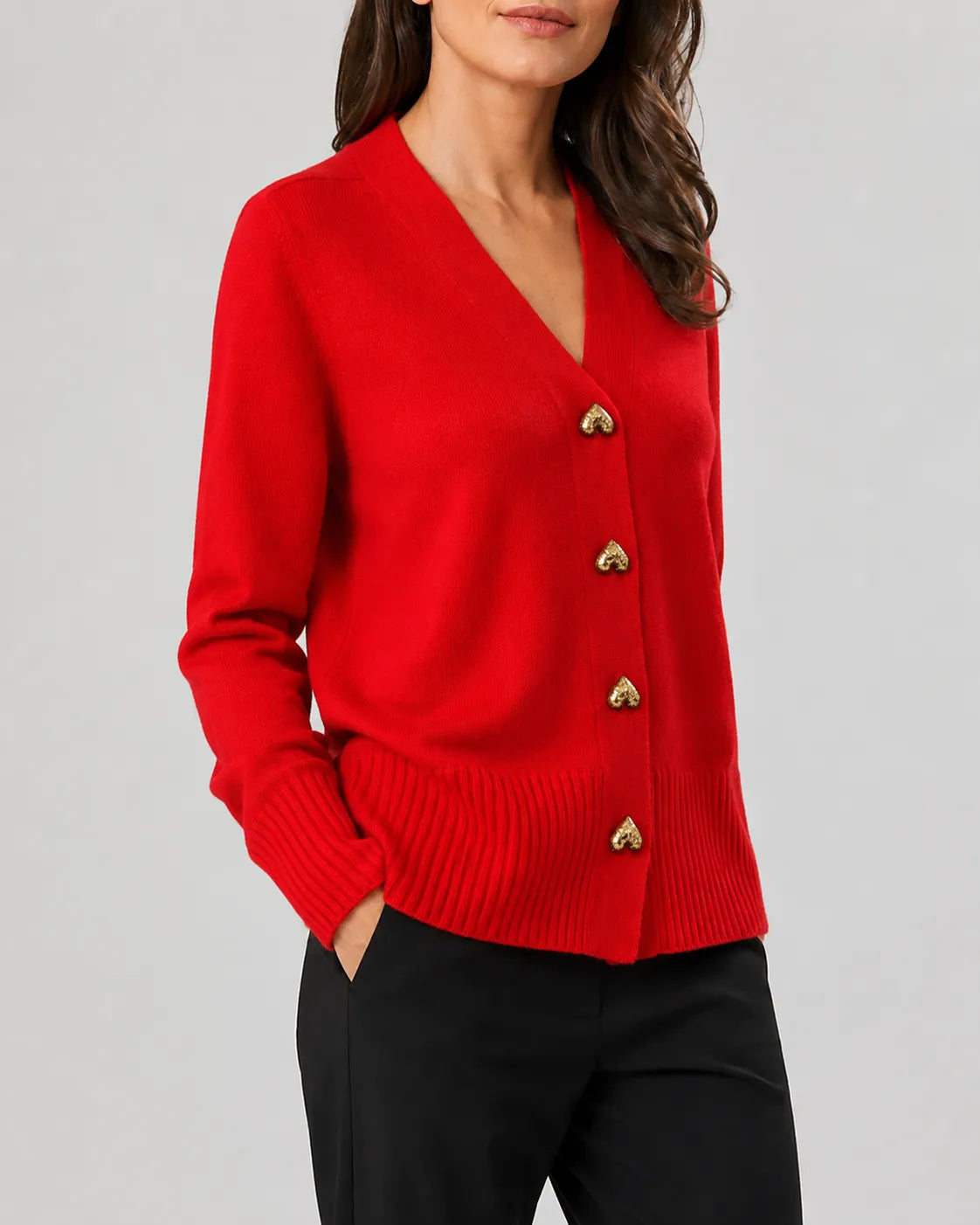 V-Neck Relaxed Knit Cardigan with Heart Buttons