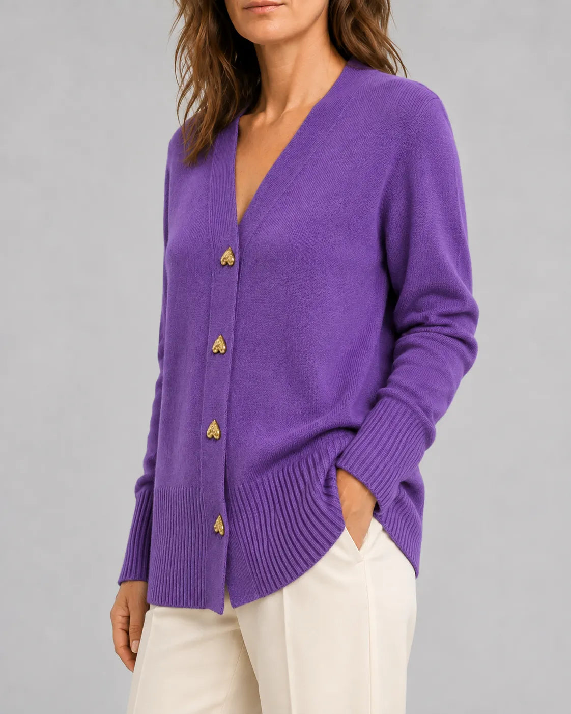 V-Neck Relaxed Knit Cardigan with Heart Buttons