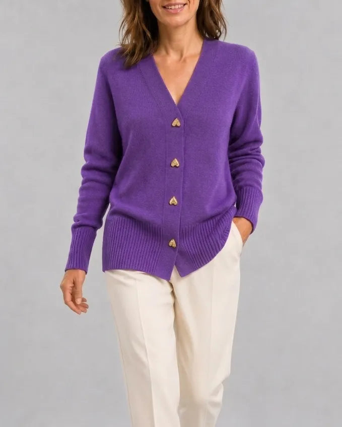 V-Neck Relaxed Knit Cardigan with Heart Buttons