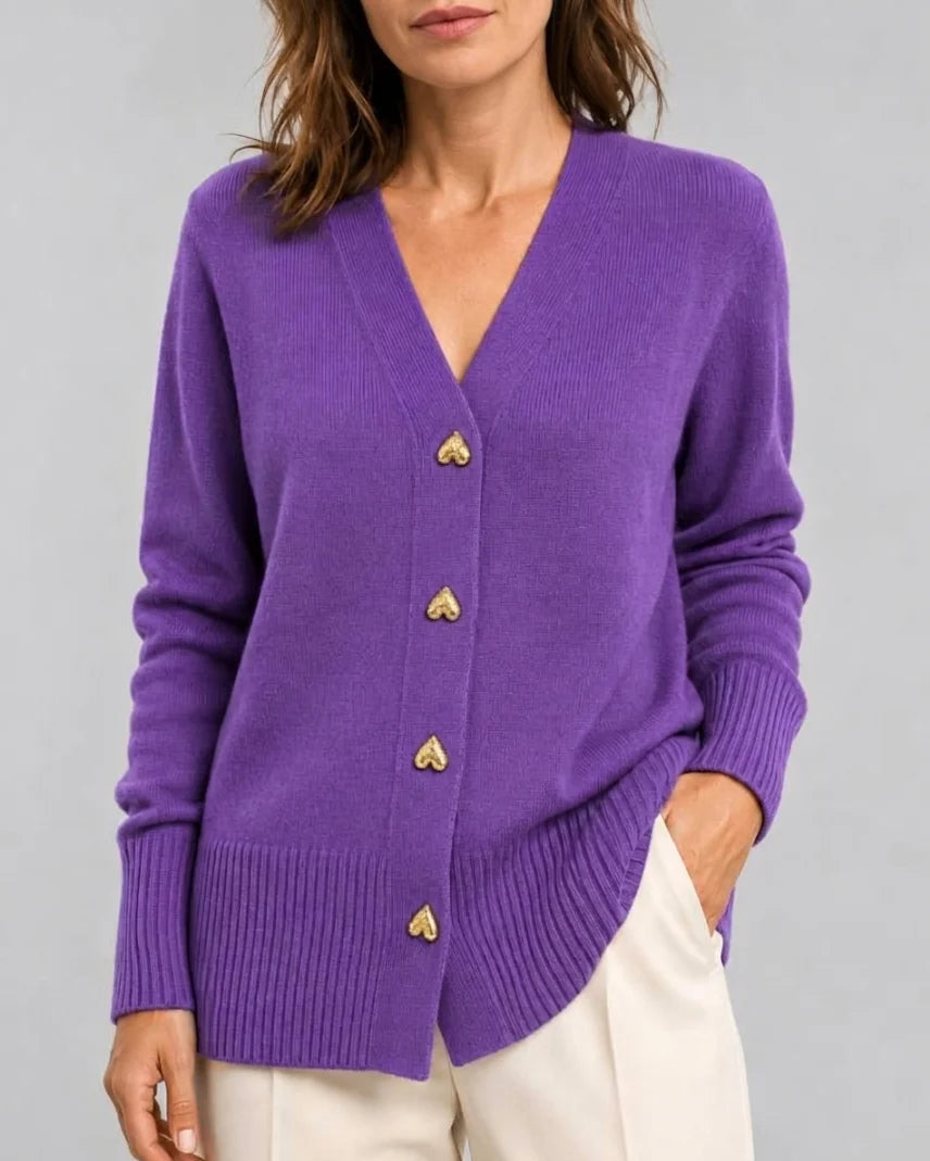 V-Neck Relaxed Knit Cardigan with Heart Buttons