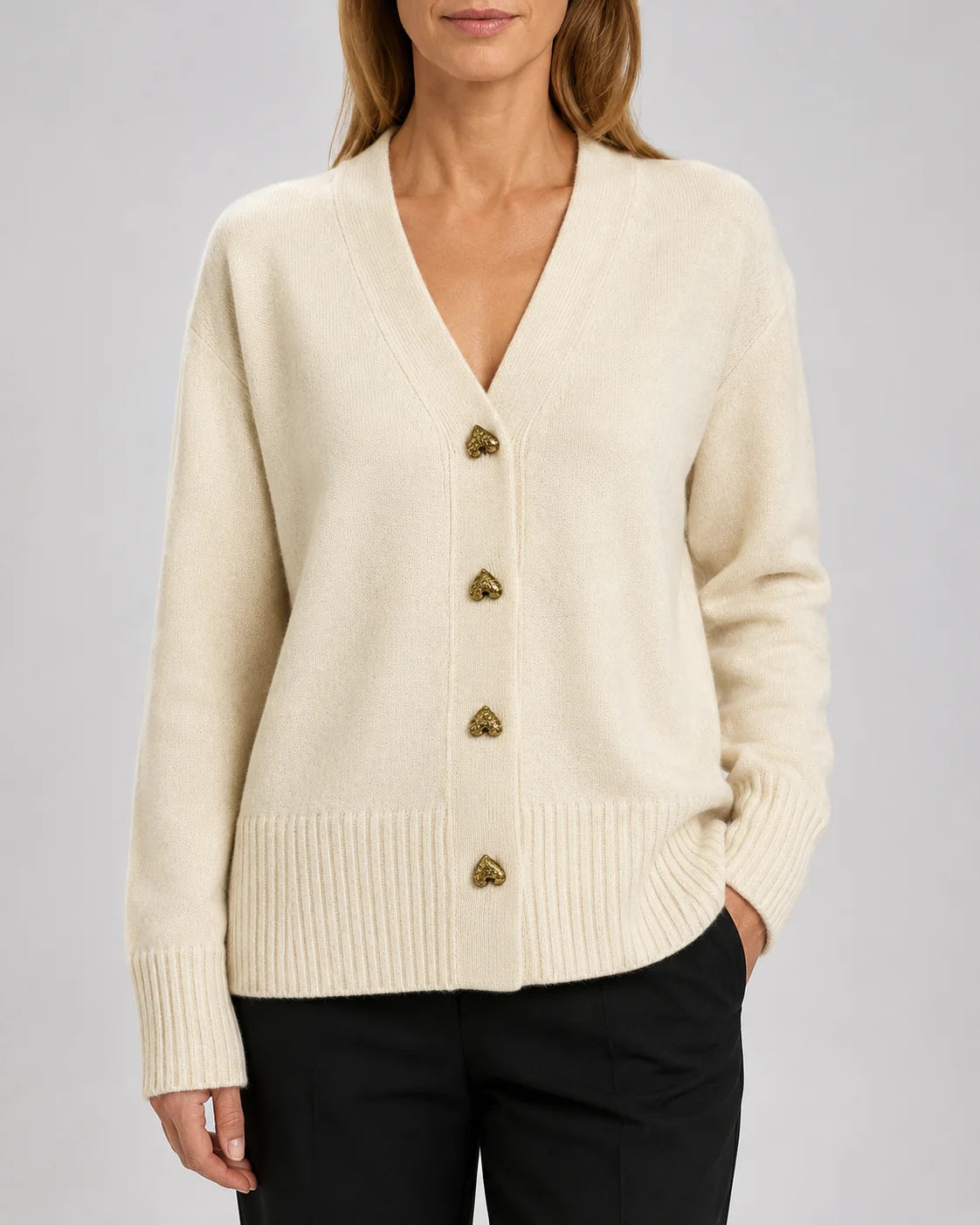 V-Neck Relaxed Knit Cardigan with Heart Buttons