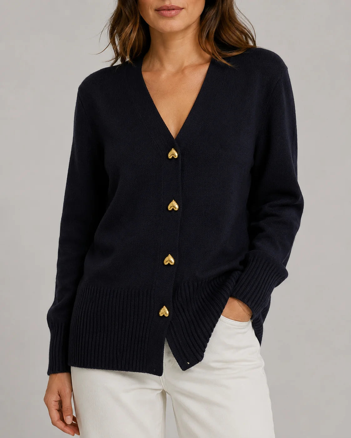 V-Neck Relaxed Knit Cardigan with Heart Buttons
