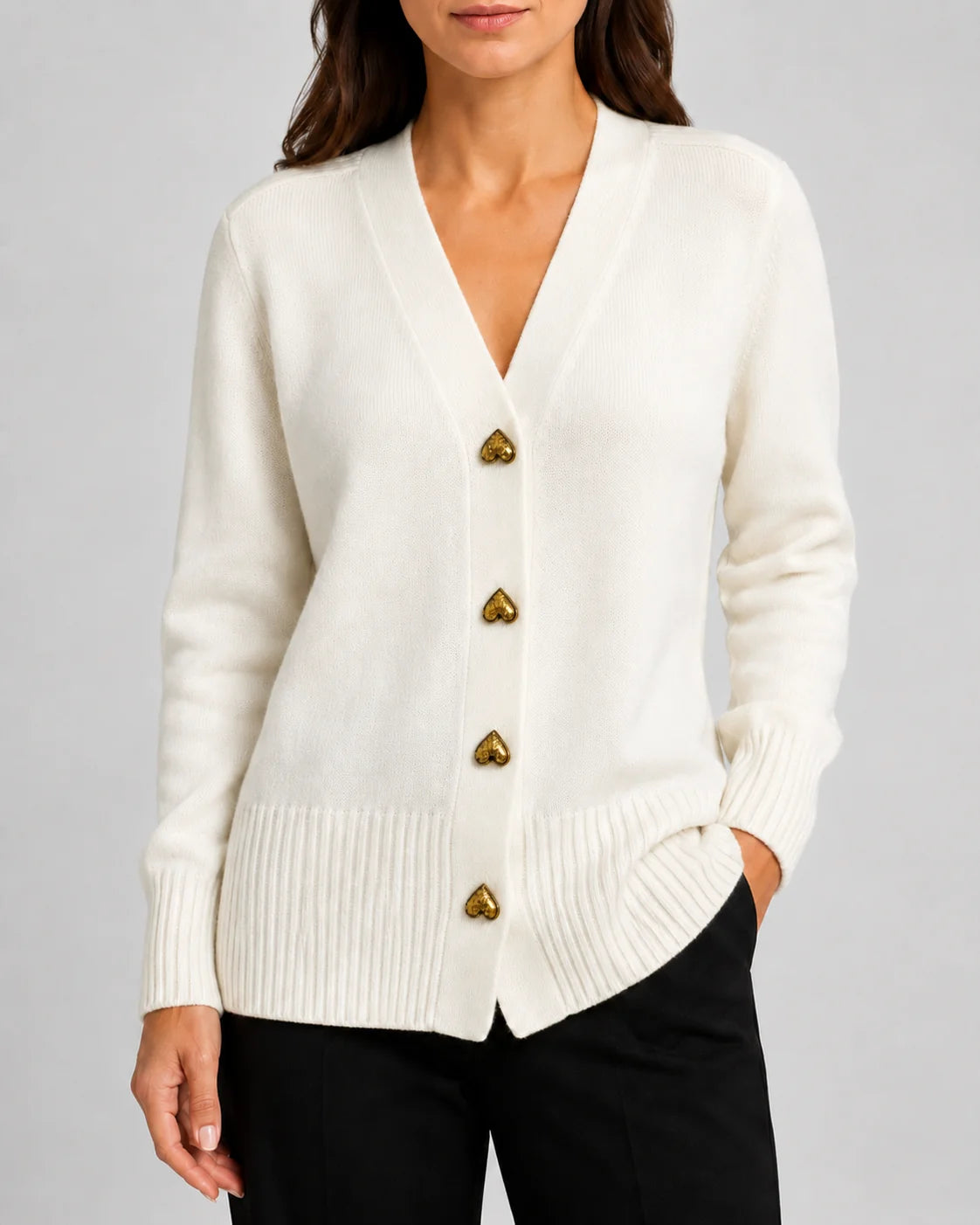 V-Neck Relaxed Knit Cardigan with Heart Buttons