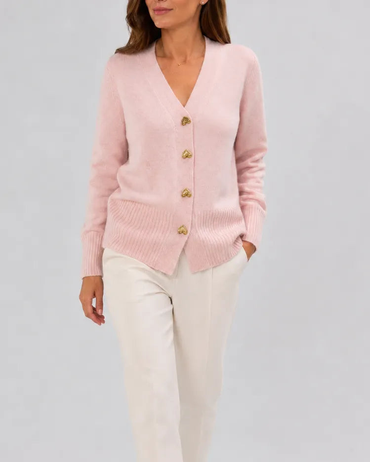 V-Neck Relaxed Knit Cardigan with Heart Buttons